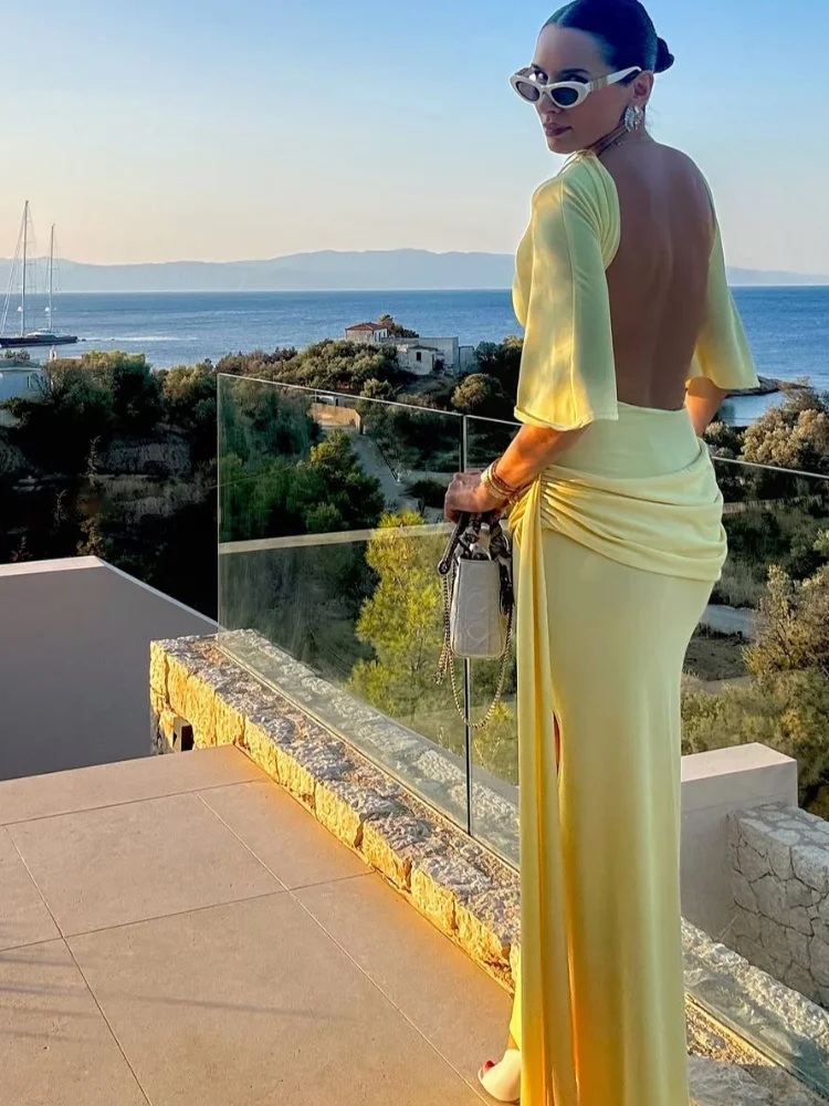 Women's Solid Yellow Backless Maxi Dress, Elegant Split Slim Fit, Pleated Half Sleeve Long Dresses, High Street Summer