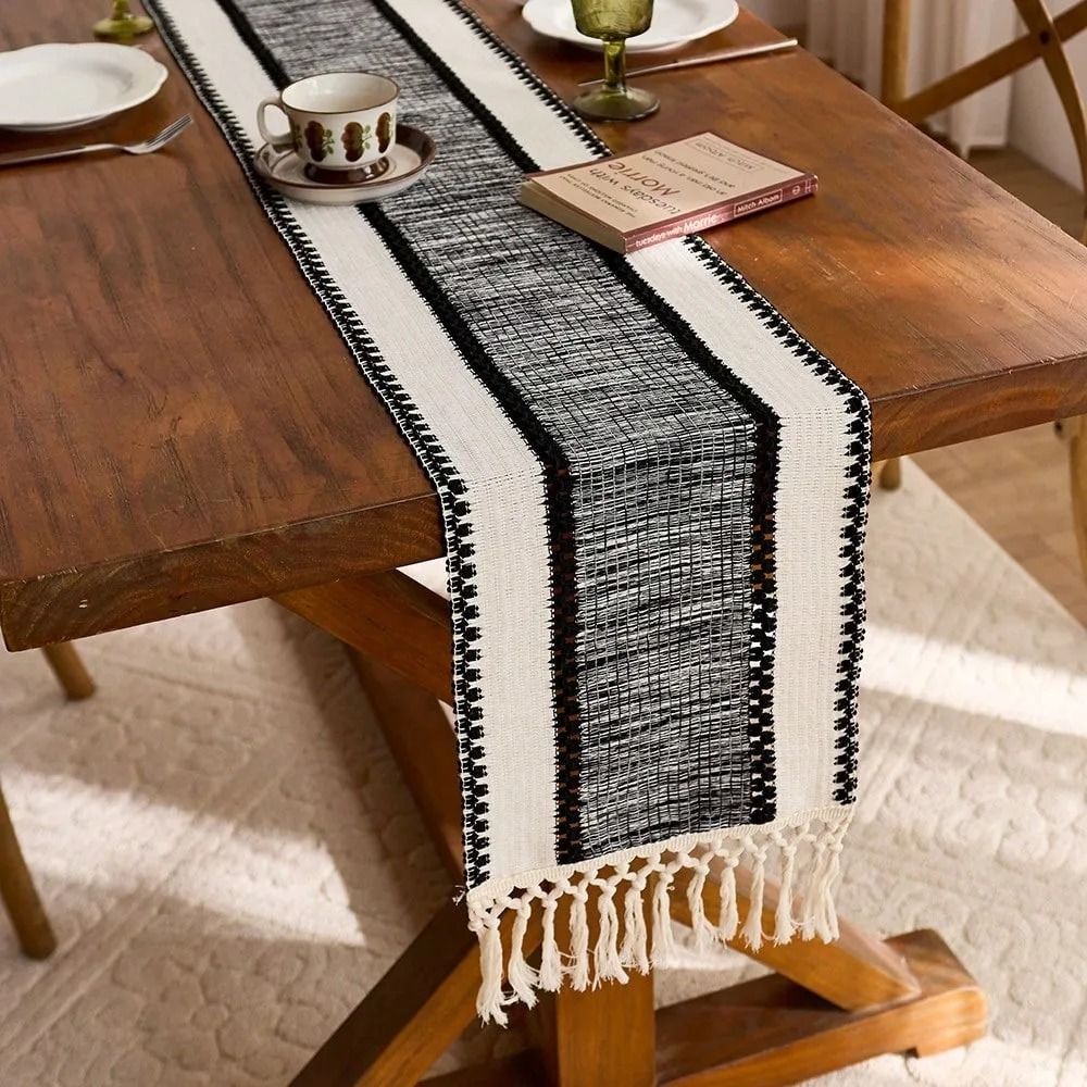 Boho Green Woven Table Runner with Tassels Rustic Table Decor