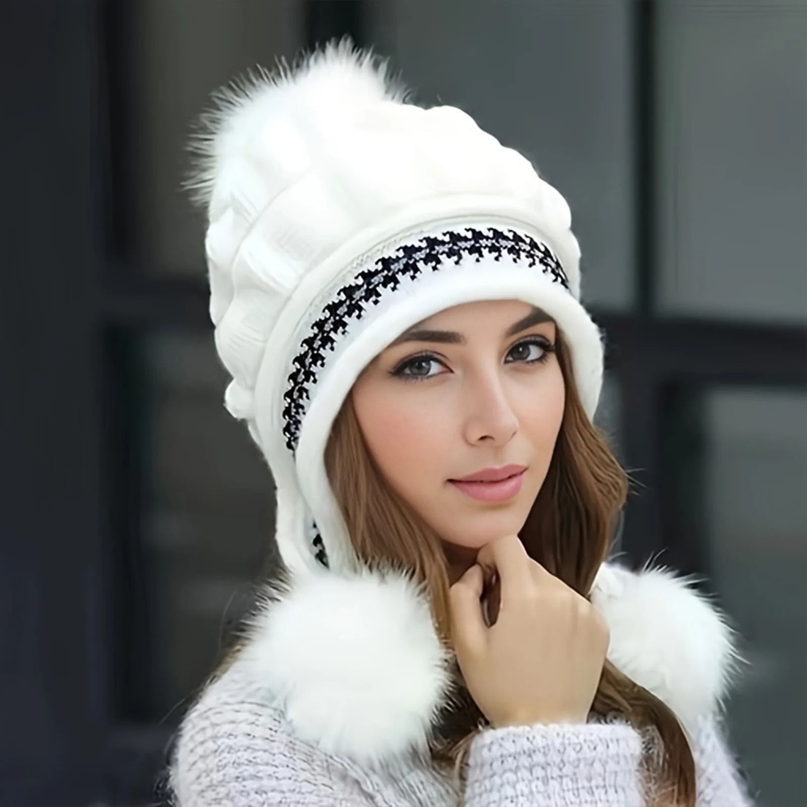 Women Winter Fleece Lined Fur Earflap Beanie Hat