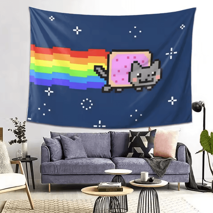 Nyan Cat Pixel Art Tapestry – Retro Gaming Wall Hanging Aesthetic Decor