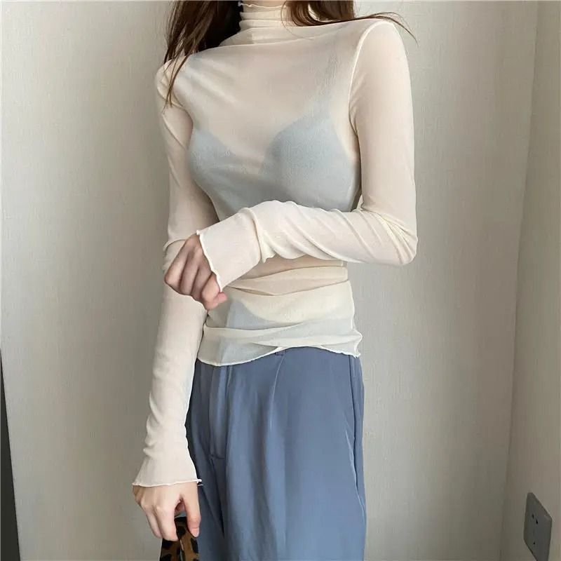 Sheer Transparent Mesh Long-Sleeve Crop Turtleneck Top