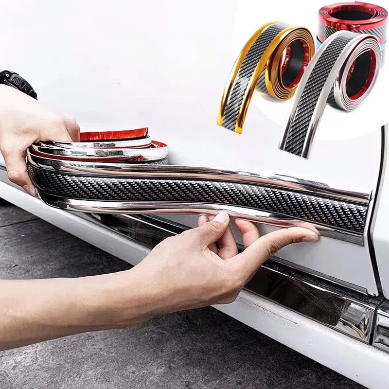 Car Threshold Protector Strip Anti Scratch Rubber Bumper Sticker with Carbon Fiber Texture