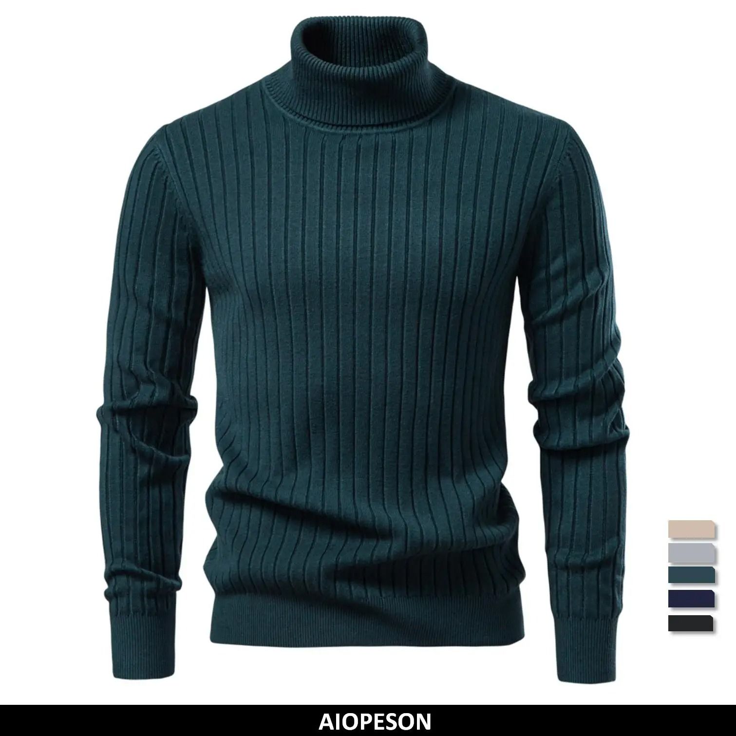 Mens Turtleneck Knit Sweater Solid Color Striped Winter Pullover