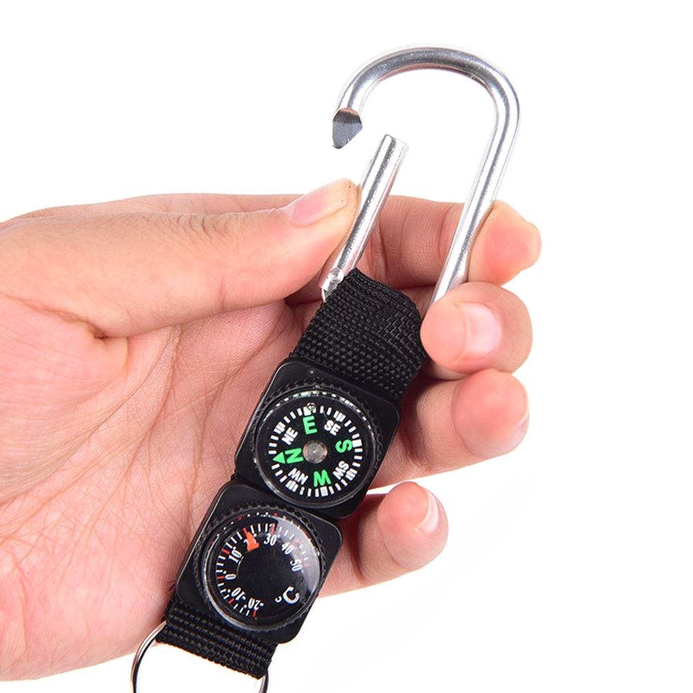 Mini Survival Carabiner Clip with Compass Thermometer Keychain for Hiking Camping Gear