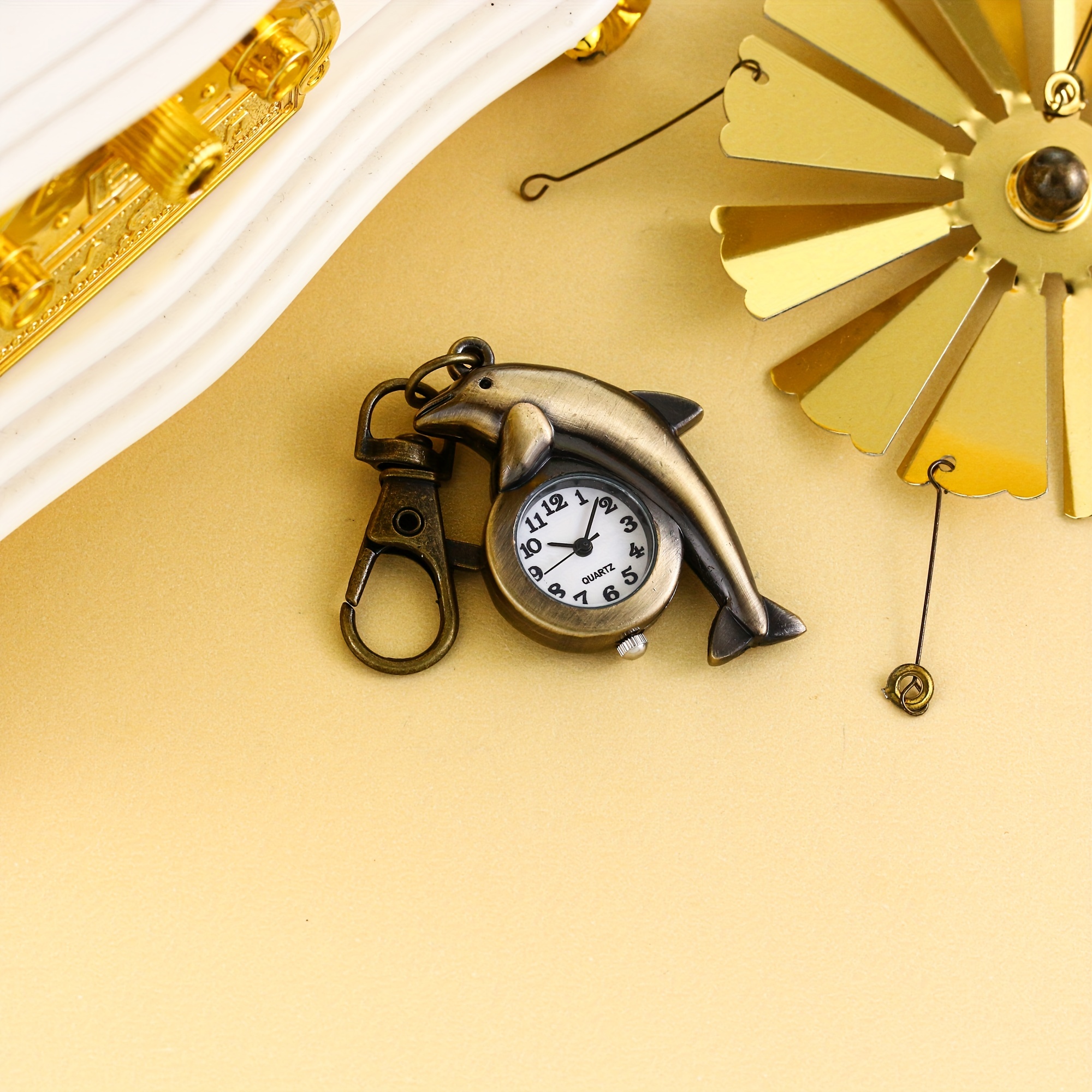 Cartoon Dolphin Keychain Watch Cute Pufferfish Pocket Clip Timepiece