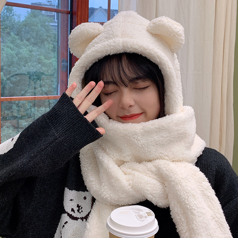 Teddy Bear Hat Women's Autumn Winter Plush Scarf One-piece Hooded Gloves Three Piece Warm Set
