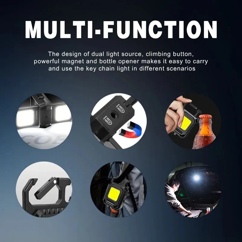 Portable LED Keychain Work Light, Rechargeable, Dual Light Source, High Lumens for Camping, Hiking, Running