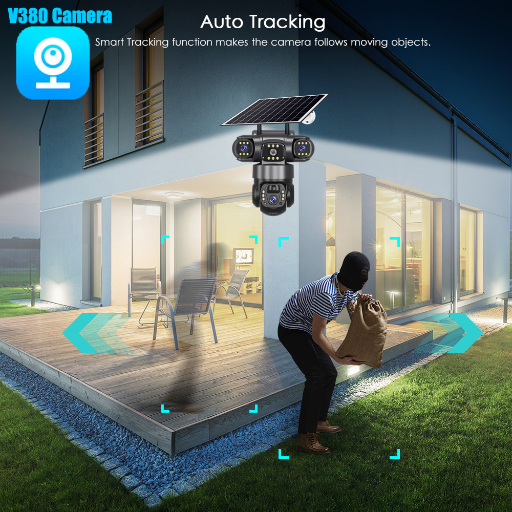 Solar Camera Outdoor, Triple Lens with Zoom, PIR Motion Detection, CCTV Surveillance, Smart Alerts