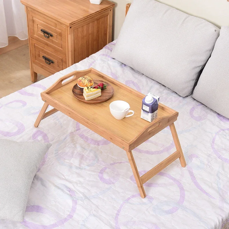 Foldable Bamboo Bed Tray Table with Folding Legs, Snack Tray, Breakfast Tray, Serving Laptop Tray, Handle Bed Table