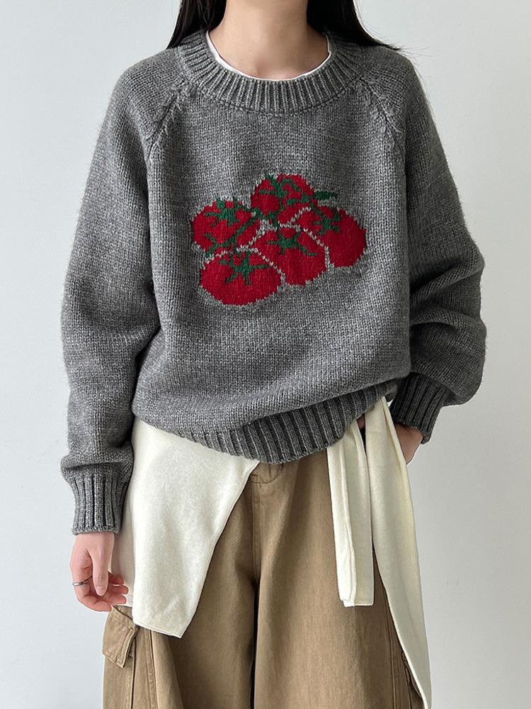 Autumn New Soft Pullover, Tomato Pattern Knitted Sweater, Loose Round Neck