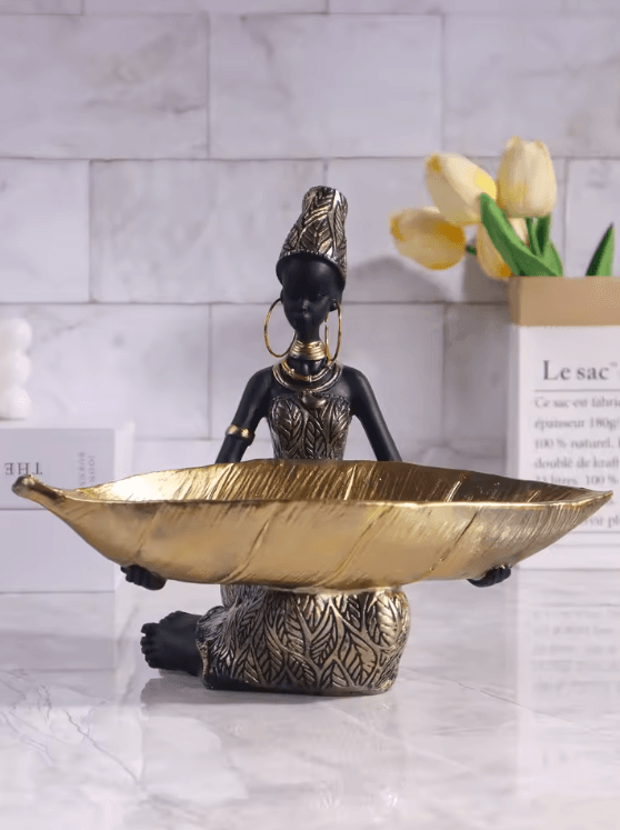 African Girl Holding a Plate Sculpture, Home and Office Decorative Storage Ornament, Vintage Collectible Craft Deskt De