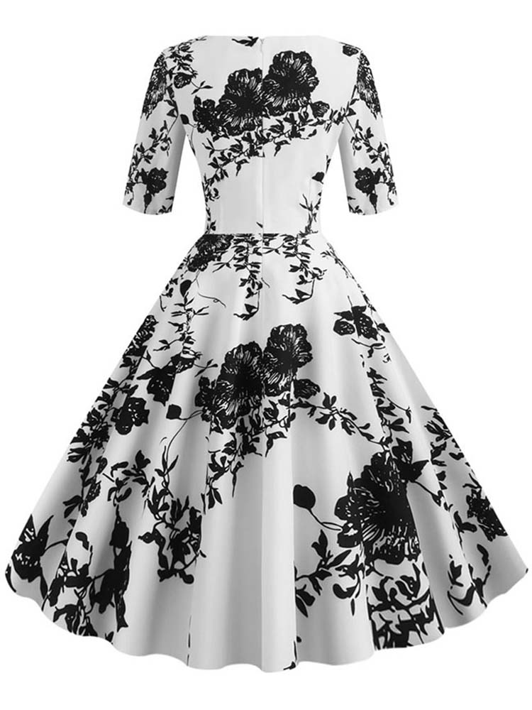 Half Sleeve Black Summer Women Dress, Floral Print Vintage Party Dresses, Casual Retro A-Line Vestidos