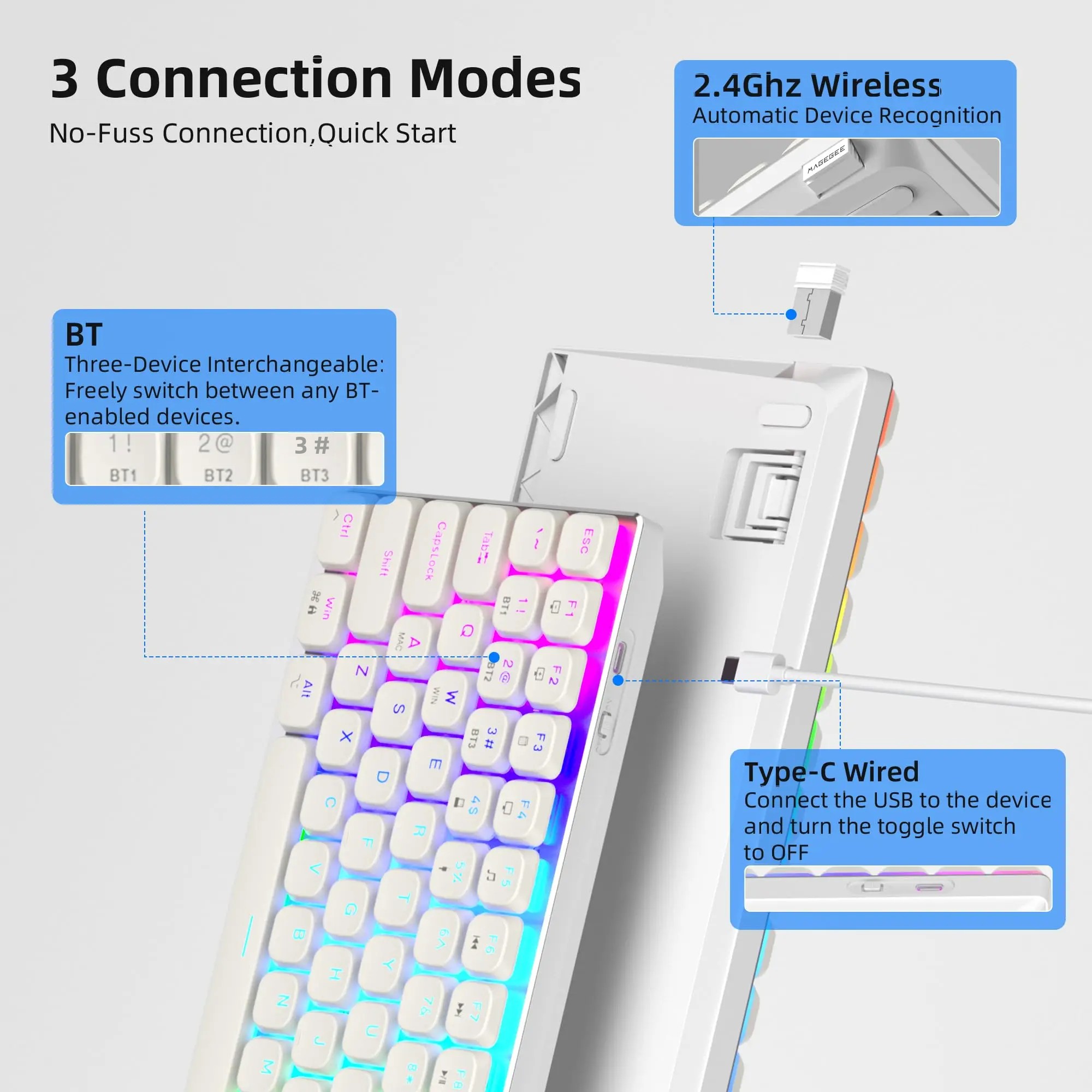 Wireless RGB Mechanical Keyboard,Bluetooth, USB-C Wired, Office White, Triple Mode for PC Laptop