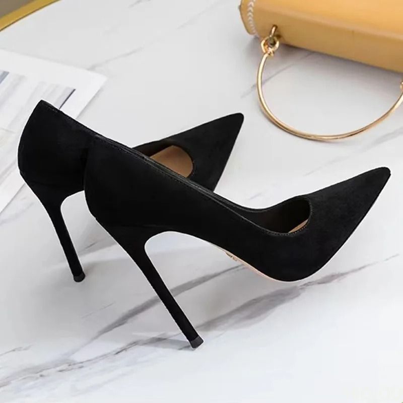 Elegant Black Suede Pointed Toe High Heels Shallow Cut Pumps