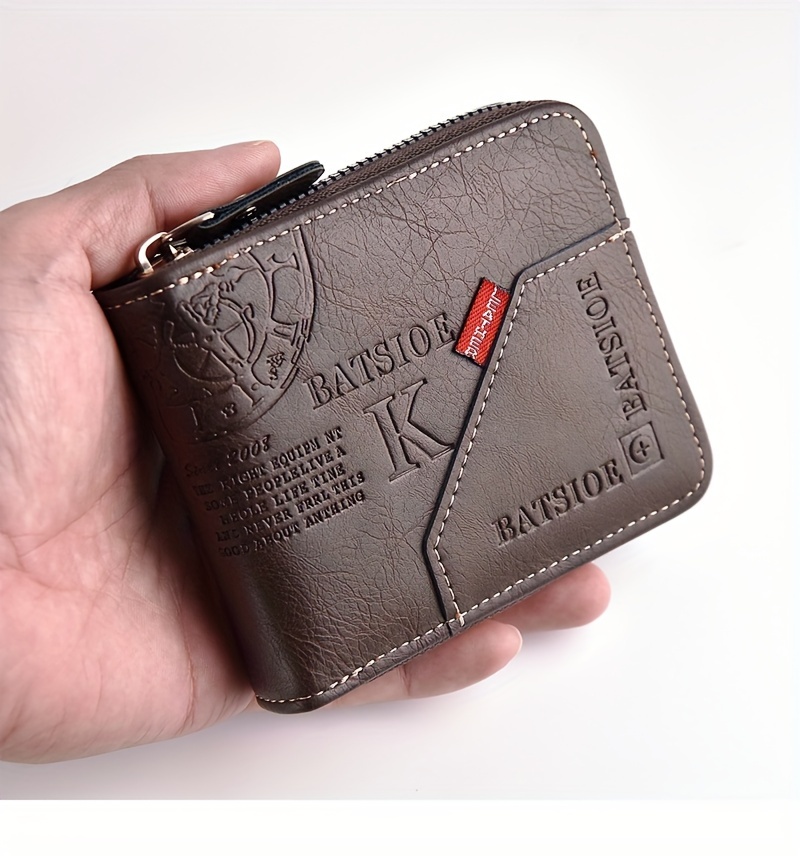 PU Wax Oil Skin Men's Wallet Slim, Durable Card Holder with Zipper Coin Purse