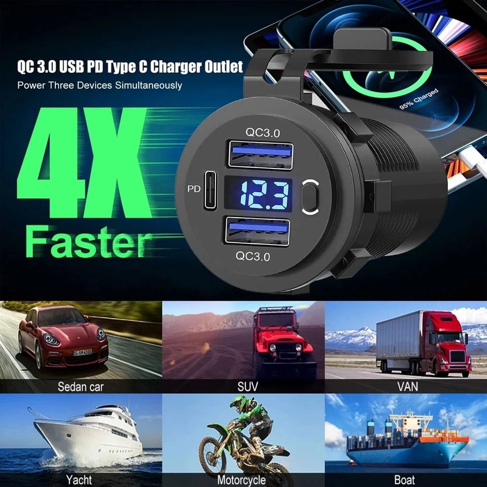 Car Fast Charger, PD QC Dual USB Power Socket Outlet with LED Voltmeter, Waterproof, Charging Power