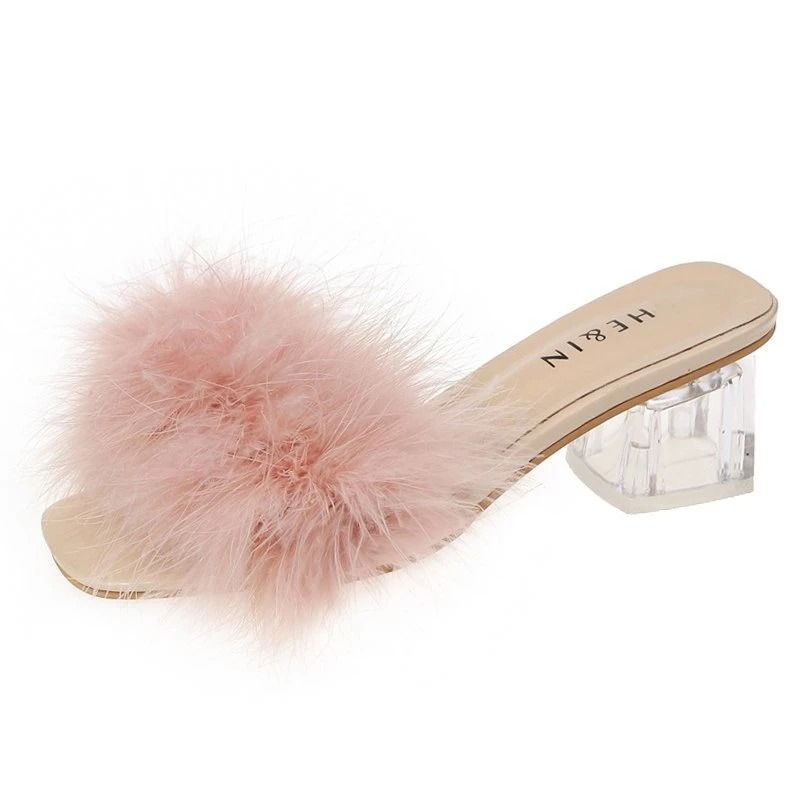Sexy Faux Fox Fur Square Toe Pumps – Elegant Chunky Heel Summer Slippers