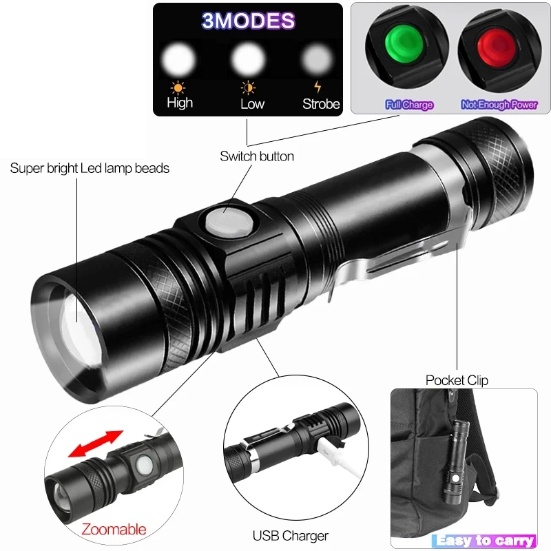 Outdoor Tactical Zoom LED Flashlight Waterproof, USB Rechargeable, High Power LED Torch for Camping & Emergency Use