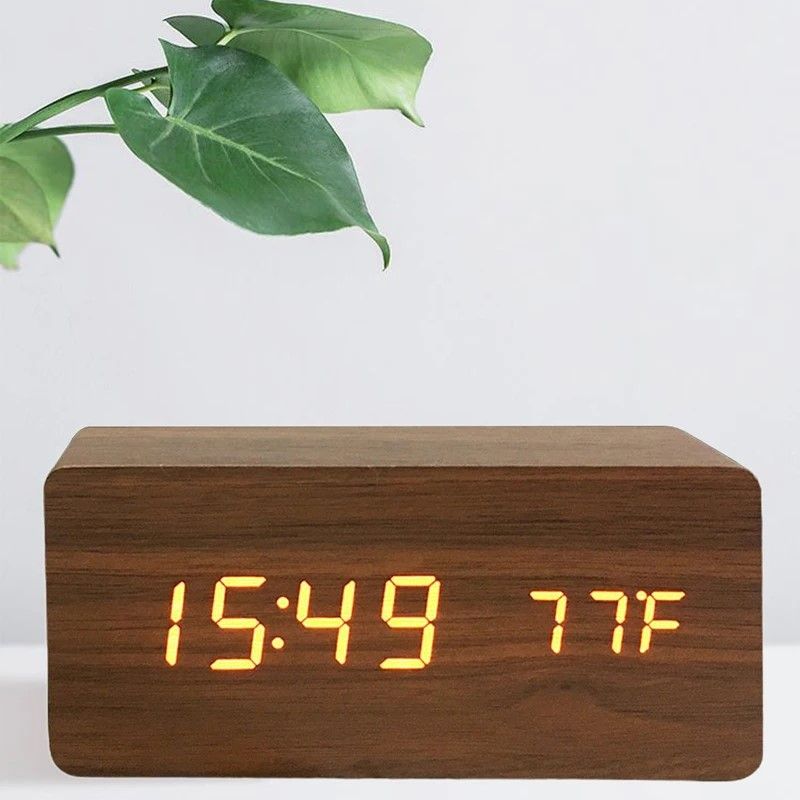 Woodgrain Luxe LED Alarm Clock, Digital Wooden Desk Clock with Temperature Display