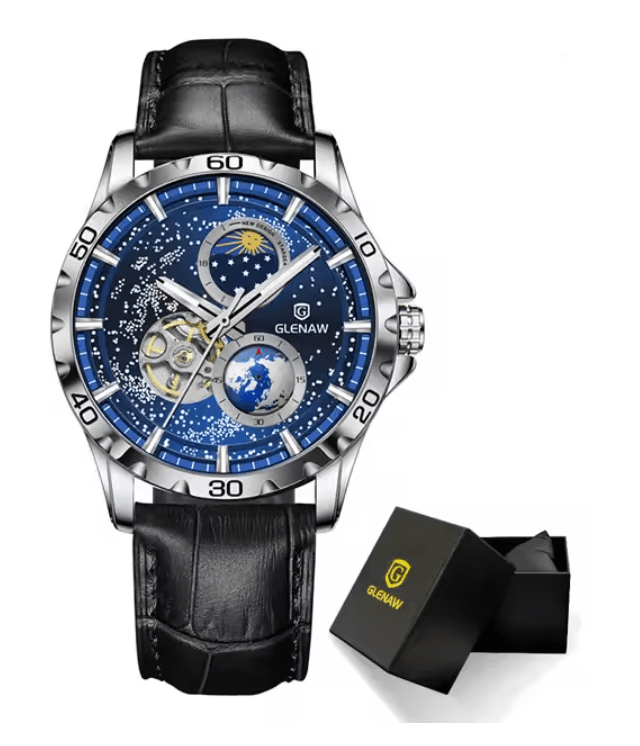 GLENAW Automatic Mechanical Watch with Rotating Earth Dial and Leather Strap