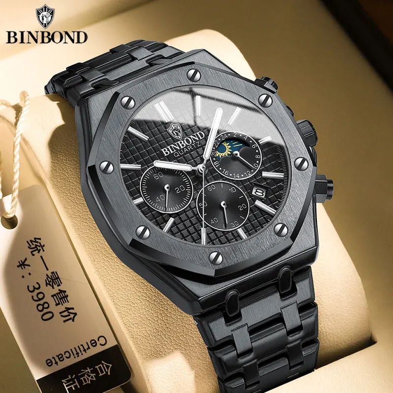 BINBOND B0161 Luxury Stainless Steel Men's Quartz Watch with Luminous Date & Chronograph