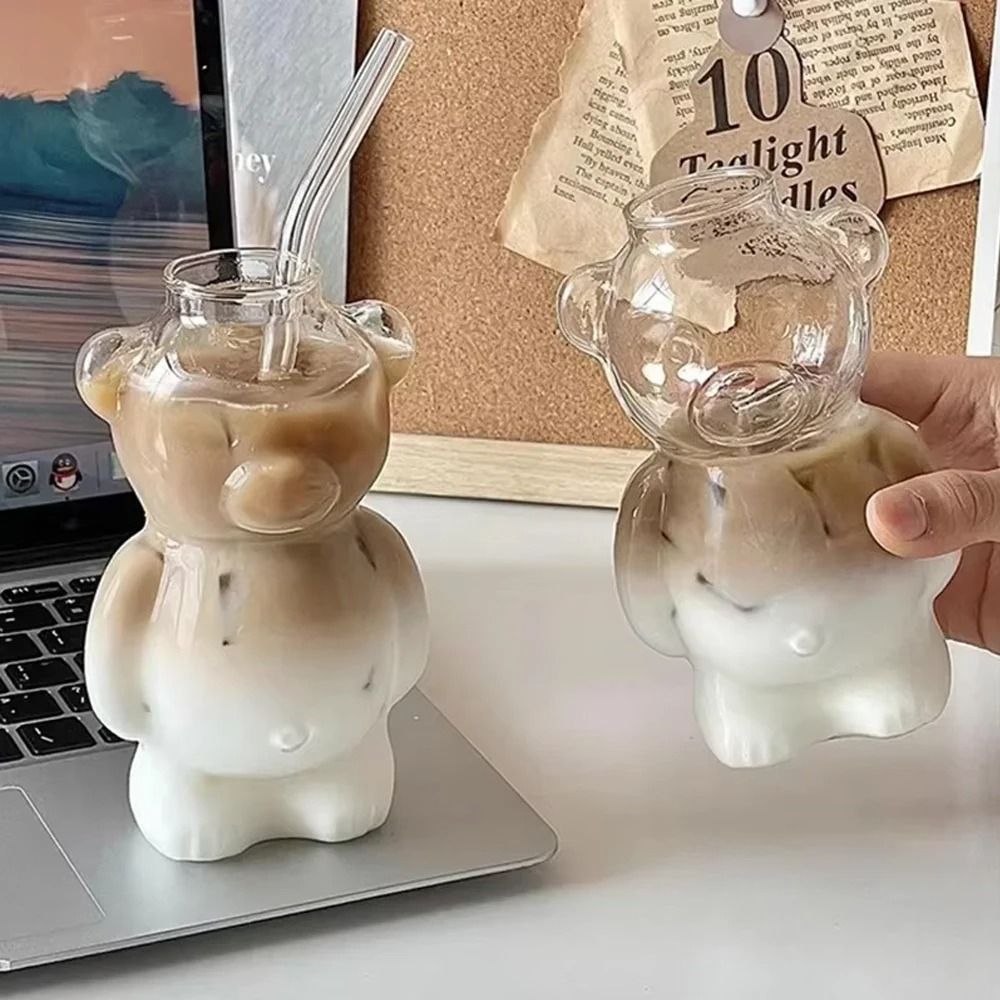 Cartoon Bear Glass Mug – 10.8 oz Creative Transparent Cup with Straw