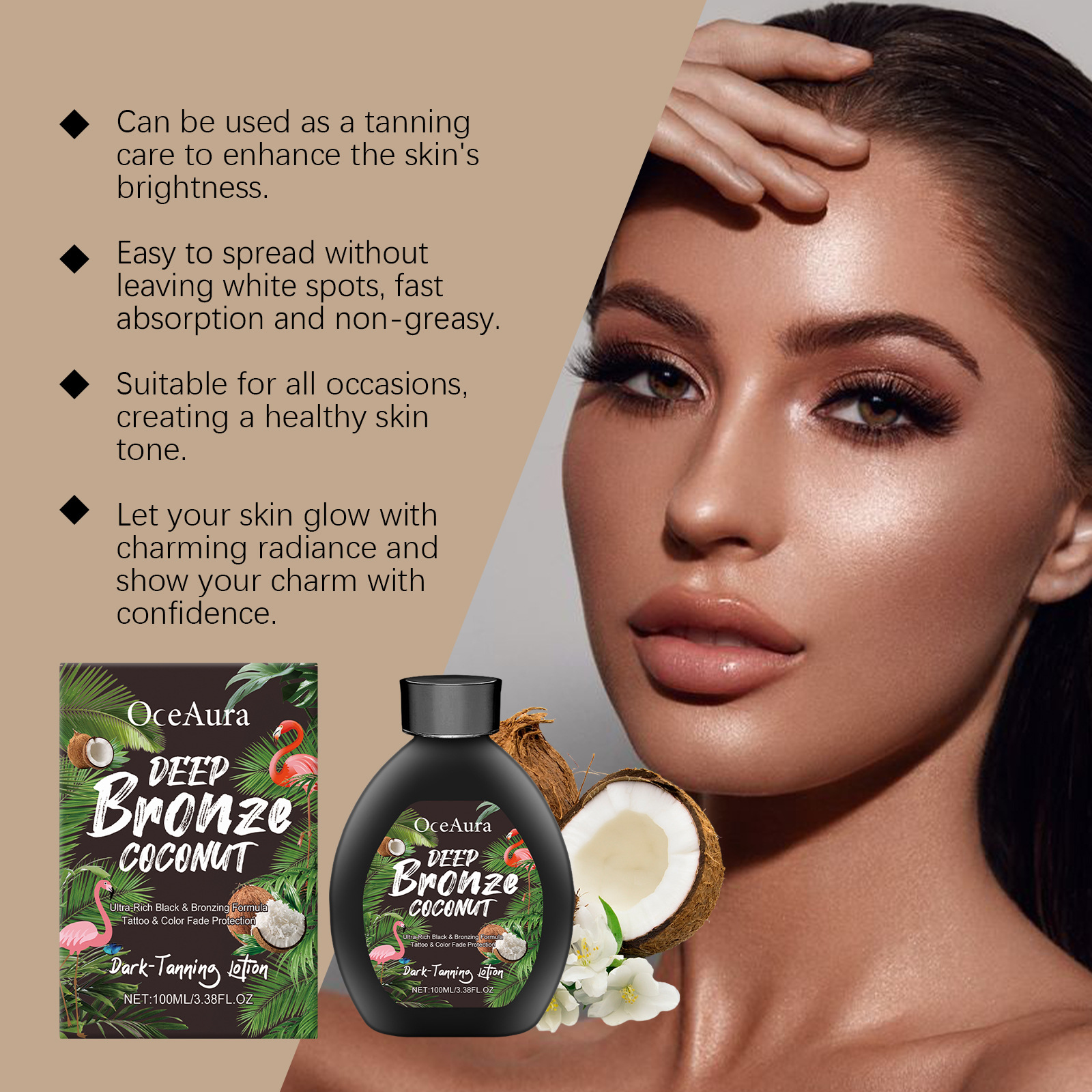 Coconut Tanning Lotion Sunless Tanner, Bronzing Enhancer Darkening Booster, Hydrate Golden Brown Sunbeds Self Bronzer