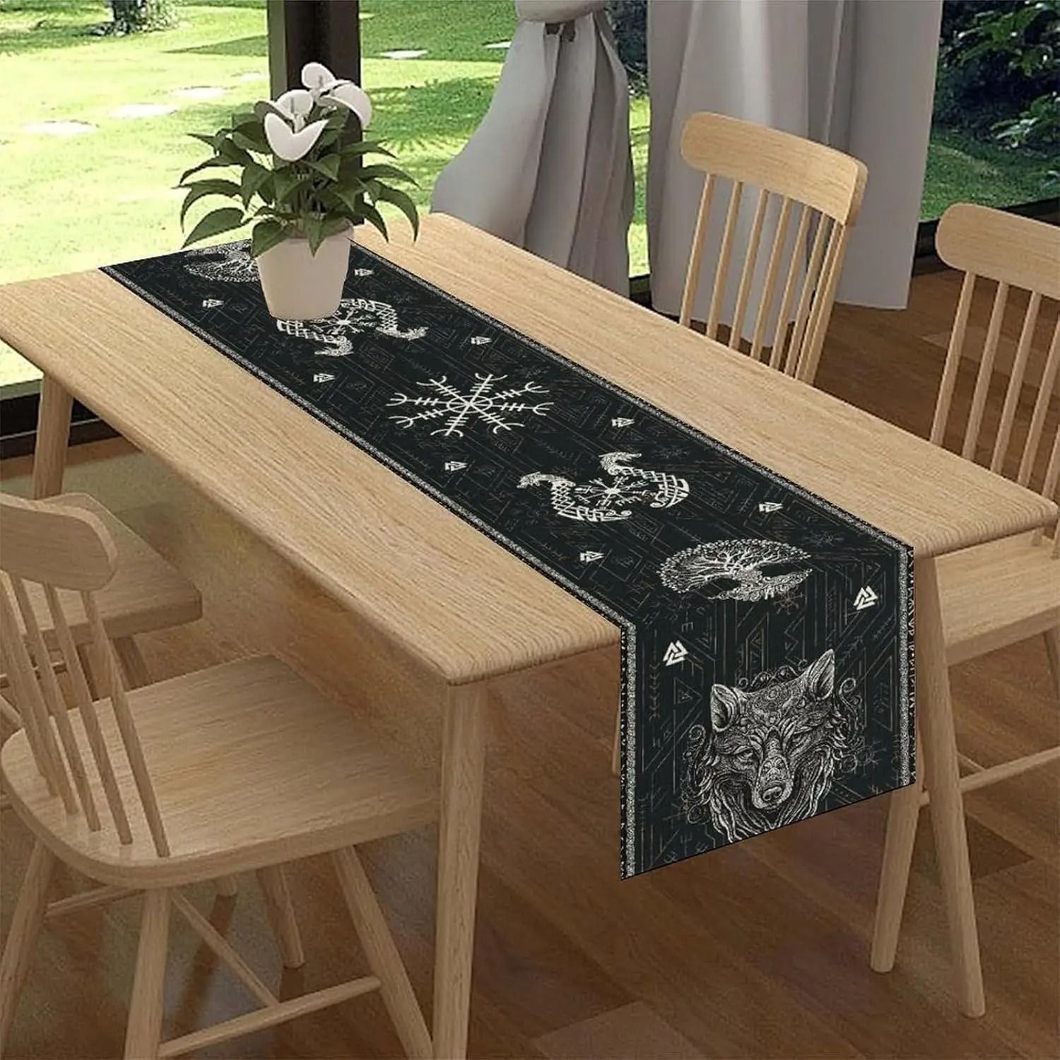 Norse Viking Raven Linen Table Runner Tree of Life Mythology Table Decor