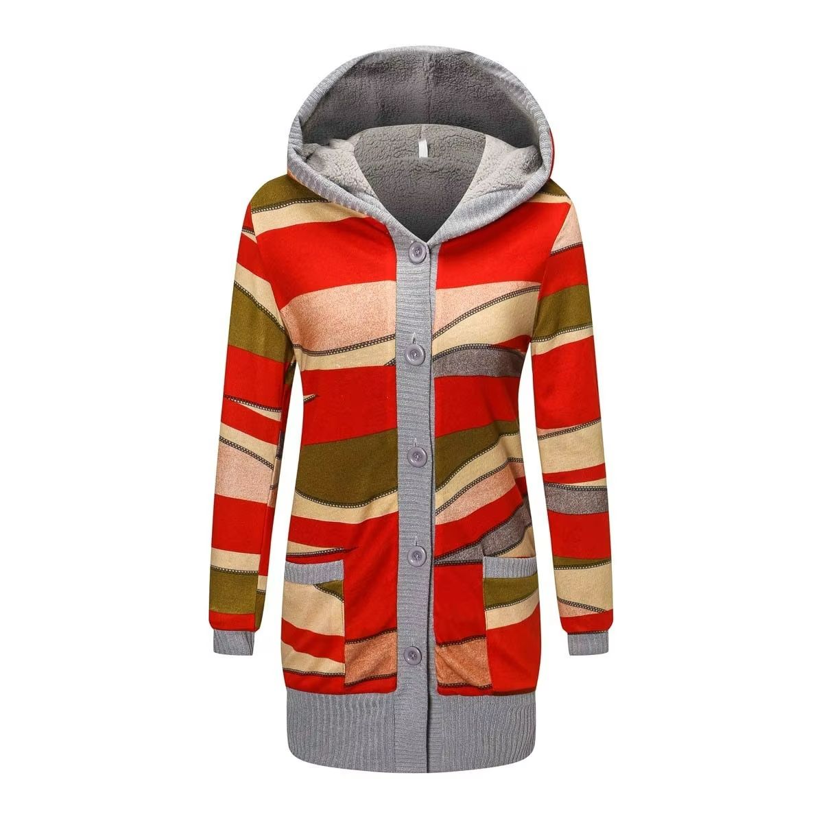 Cozy Striped Hooded Women's Cardigan – Plush Lined, Long Sleeve Autumn Winter Sweater Coat