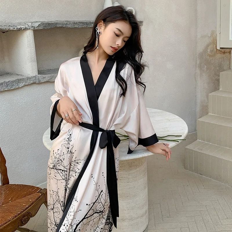 New Spring Summer Female Long Robe Set – Sexy Flower Print Kimono & Silk Satin Casual Lounge Wear