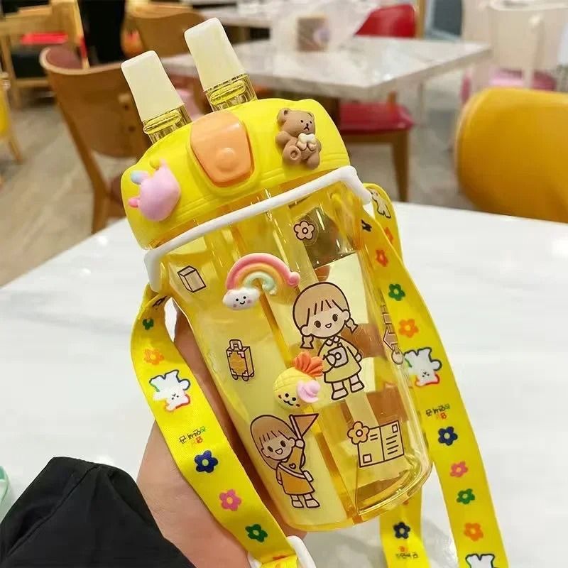 Kids Water Bottle with Double Straw Leak Proof Cute Plastic Bottle 430ml