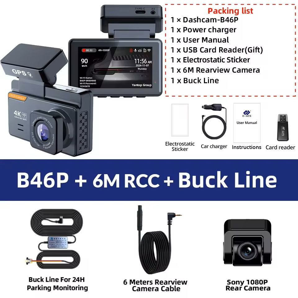 4K Dual Lens Dash Cam with GPS WiFi Night Vision Front and Rear Camera