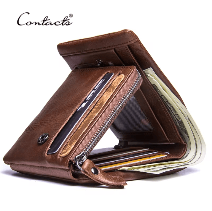 Genuine Crazy Horse Leather Mens Trifold Wallet with Zip Coin Pocket Vintage Cowhide Purse