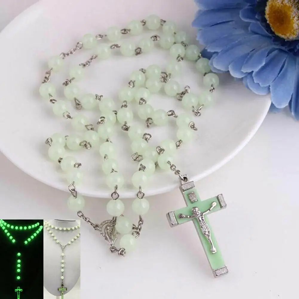 Glow-in-the-Dark Catholic Rosary Necklace with Cross Pendant – Luminescent Jesus Prayer Beads Chain for Women & Men