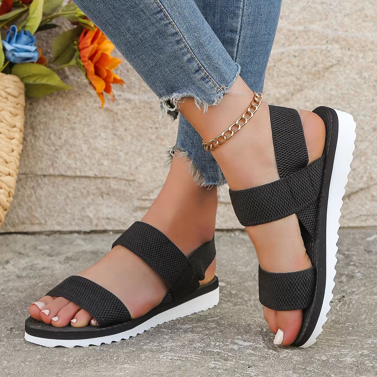 Women's Black Anti-Slip Comfortable Flat Lace-Up Sandals
