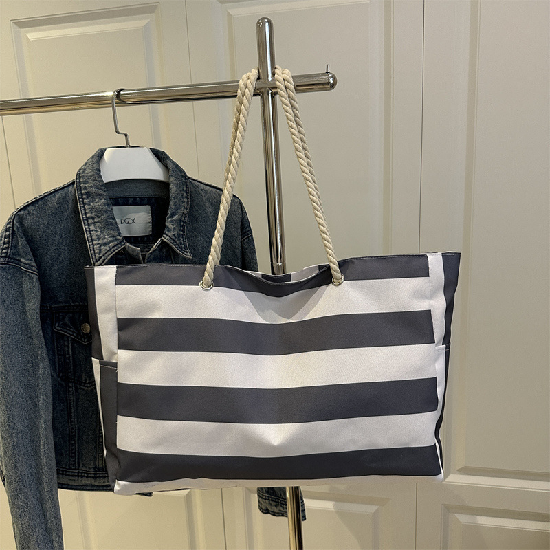 Waterproof Foldable Beach Bag Large Striped Canvas Travel Tote