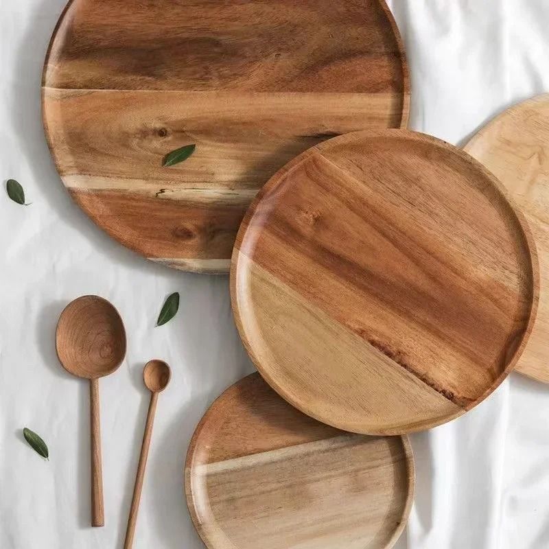 Wooden Round Serving Platter Tray Made from Natural Acacia Wood