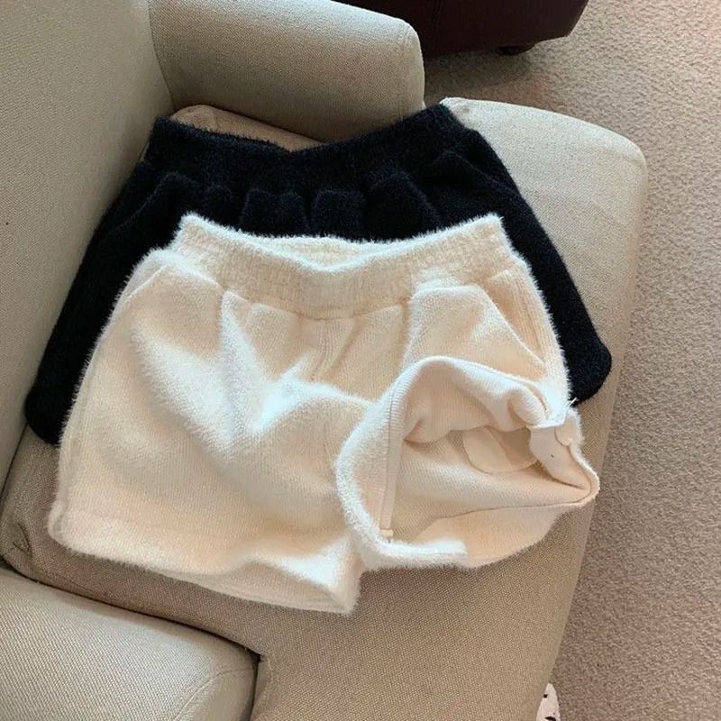 Womens Faux Mink Plush High Waist Winter Shorts Korean Style Loose Wide Leg Casual Shorts