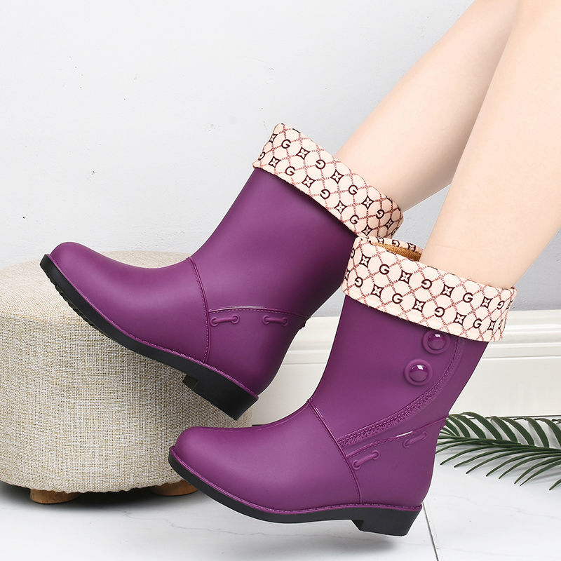 Mid Calf Non Slip Wear Resistance Waterproof Rain Boots - PVC Flat Round Toe Fashion Thermal Rain Shoes