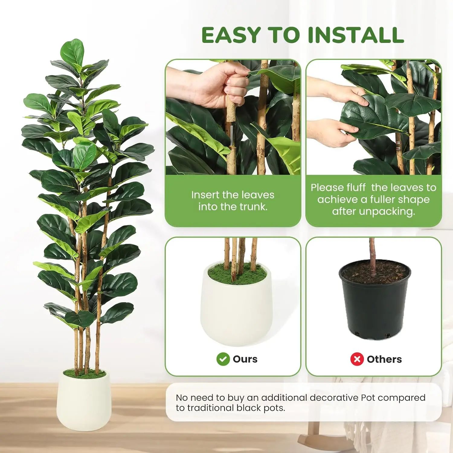 Artificial Fiddle Leaf Fig Tree – Faux Indoor Plant Tree 5/6/7 FT Tall with Pot for Home Decor