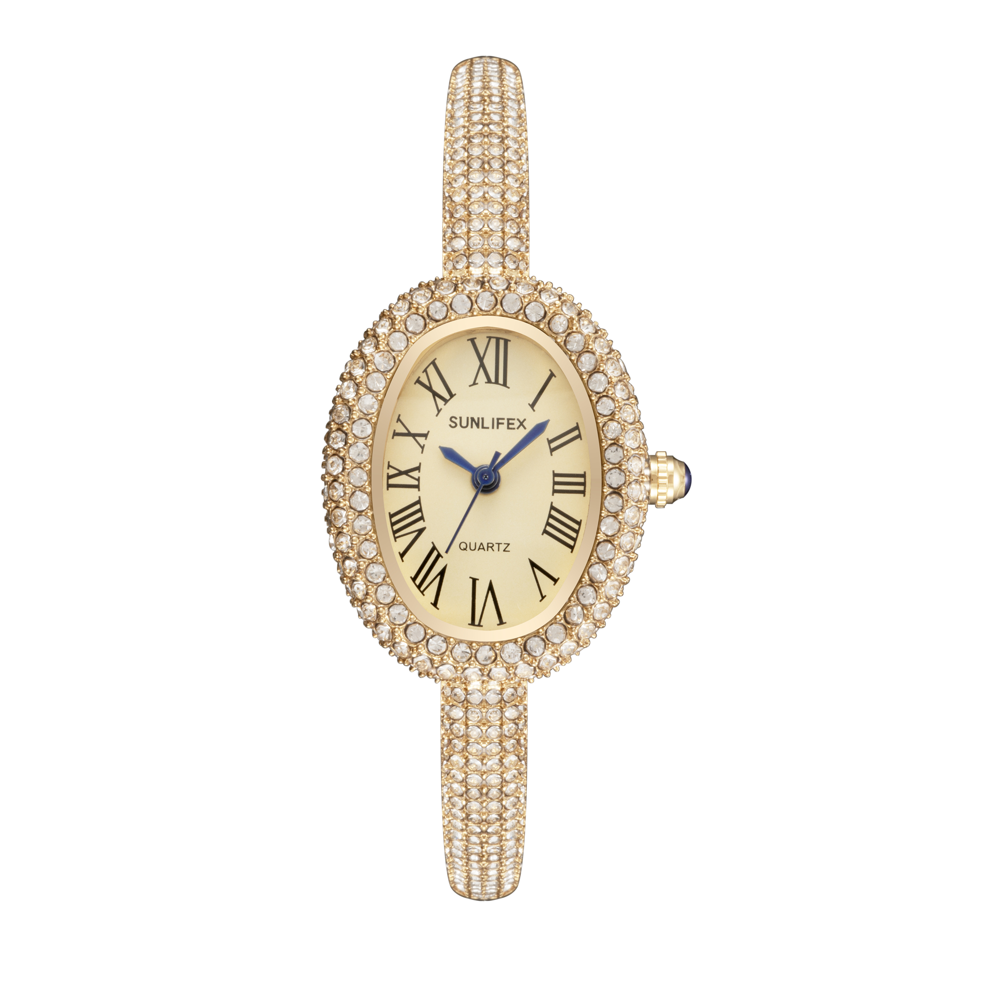 Luxury Women Quartz Watch, New Elegant Bracelet Wrist Watch with Roman Numerals, Rhinestones Inlaid Oval Design