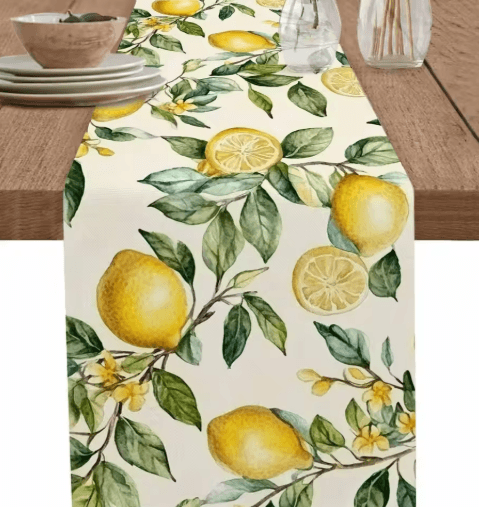 Watercolor Lemon Linen Table Runner – Fresh Summer Floral Kitchen & Dining Decor
