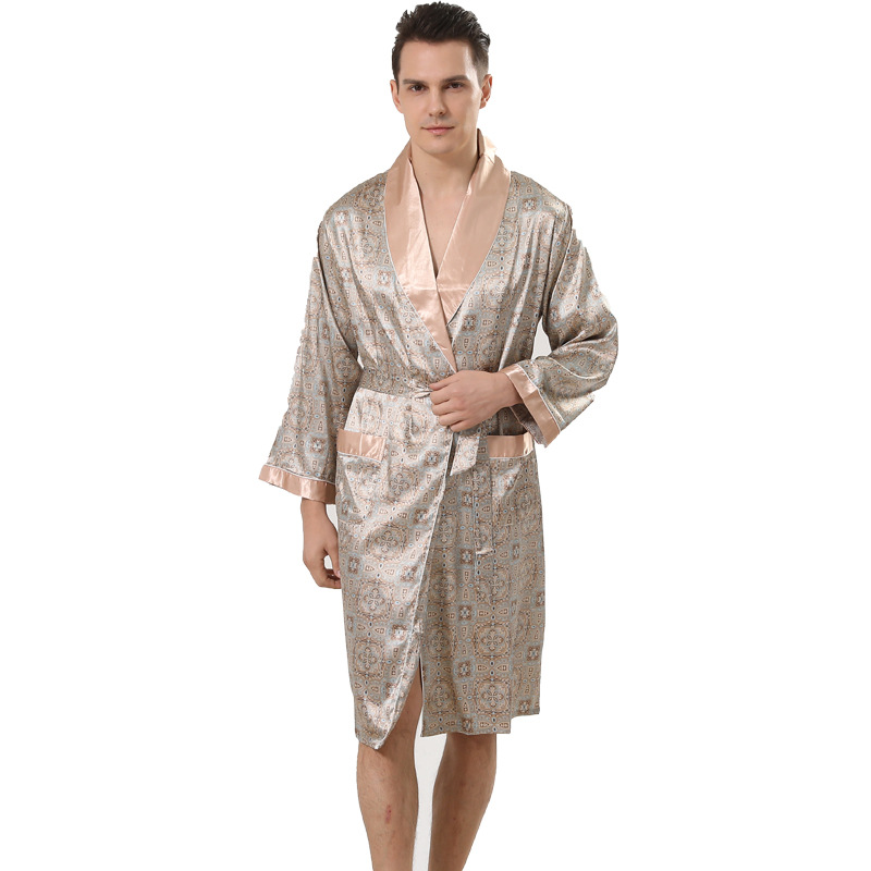Navy Blue Stripe Men Kimono Bathrobe Gown Satin Sleepwear with Pocket Summer Lounge Wear