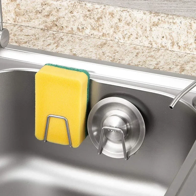 Self Adhesive Kitchen Sink Sponges Holder, Drain Drying Rack, Stainless Steel Storage Wall Hooks Organizer Tool