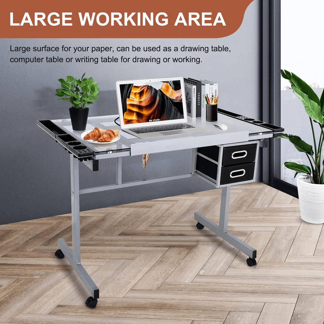 Adjustable Rolling Drafting Table with Tempered Glass Top for Art Craft and Design Workstation