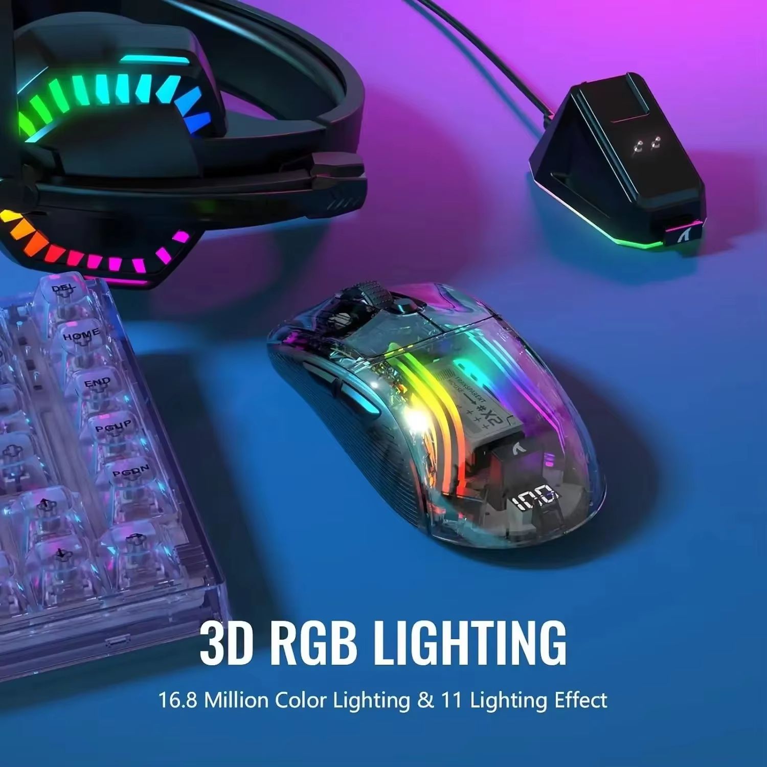 ATTACK SHARK X2 Pro Transparent Shell Wireless Gaming Mouse – Tri-Mode (2.4G / BT / Wired) with RGB Dock & Up to 4000 dp
