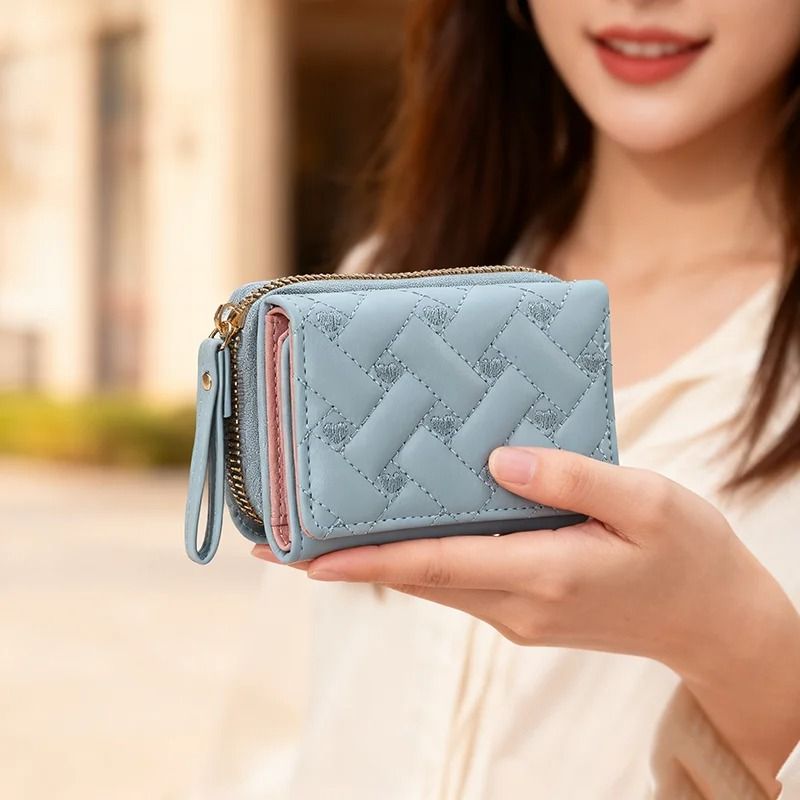 Women PU Leather Embroidered Love Trifold Small Wallet Card Holder