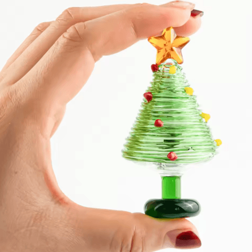 KANGMING Hand Blown Glass Christmas Tree Figurine – Mini Holiday Desktop Decoration