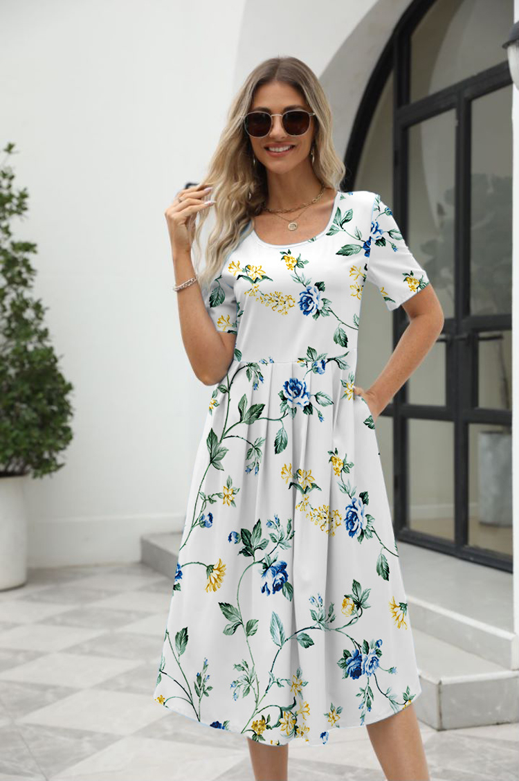 Elegant Printed Summer Dress for Women with Zipper Round Neck Short Sleeve