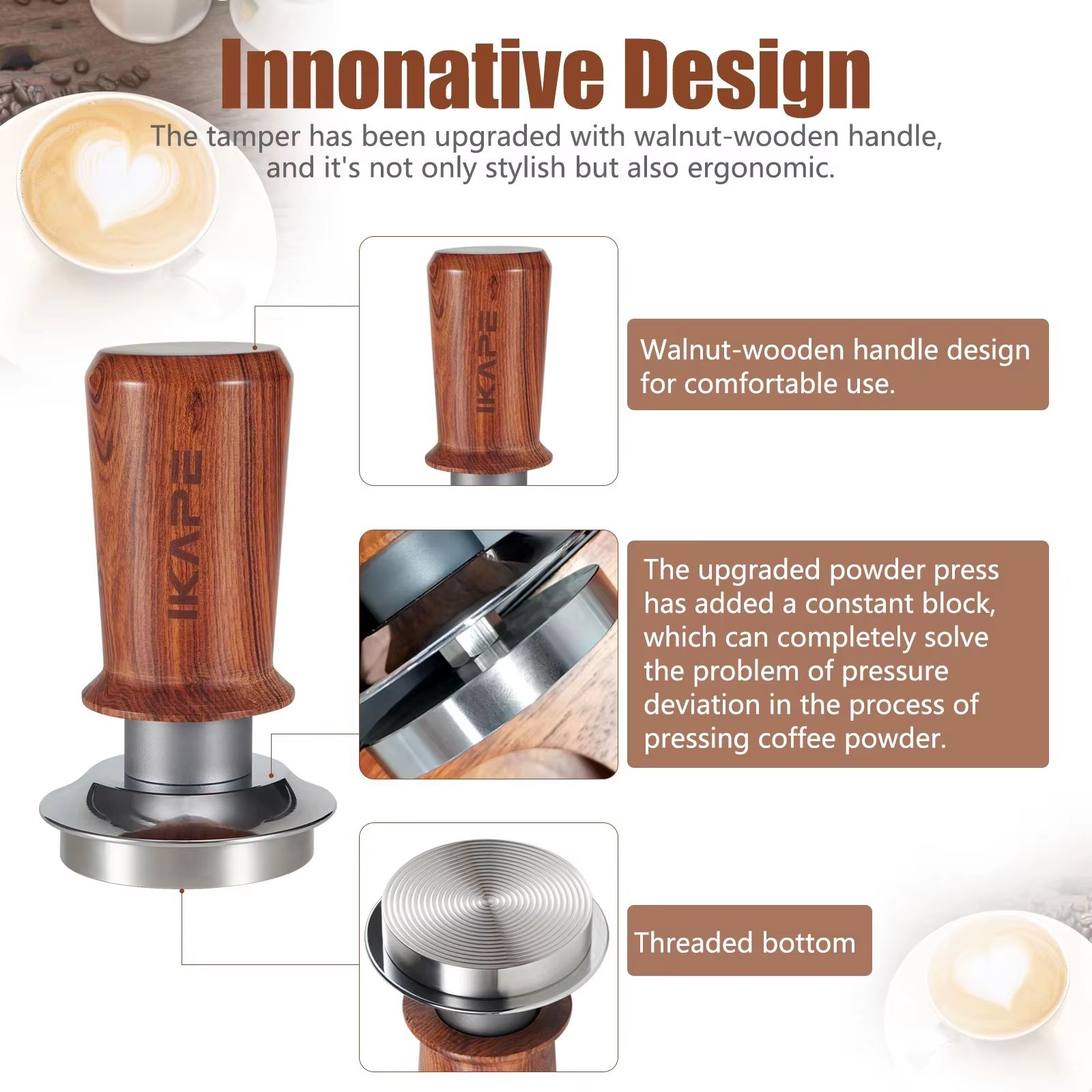 IKAPE Coffee Wooden Tamper V3 – Calibrated Spring Tamper with Titanium PVD Coating for 2.01in / 2.13in / 2.28in Portafil
